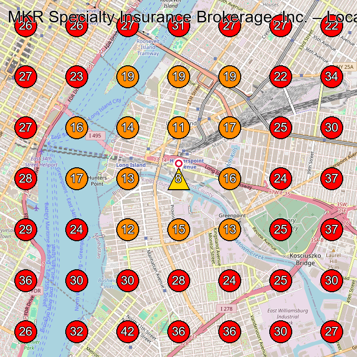 MKR Specialty Insurance Brokerage, Inc. GeoGrid visibility map for Insurance Broker in Brooklyn